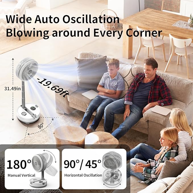 Socool 40000mAh Portable Fan Foldable Battery Rechargeable with 8 Speed & 106H, 90° Osciliating Floor Standing Fan Remote, Desk Fan with 8H Timer & LED Light for Home Outdoor Travel Camping