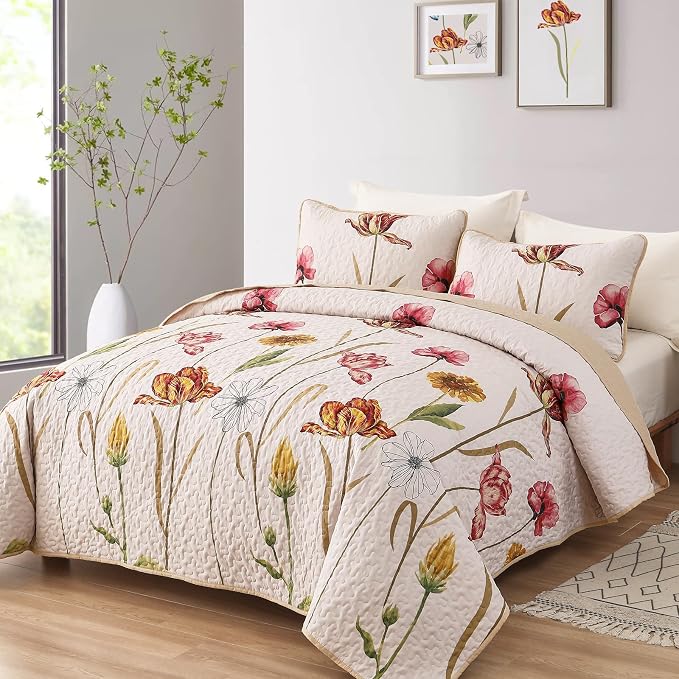 WONGS BEDDING Floral Quilt Set Queen Size, 3 Pieces Beige Bedspread | Chic - Image 2