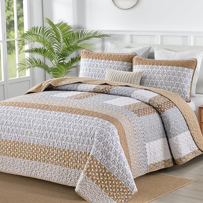 WONGS BEDDING Brown King Quilt Bedding Set, Bohemian Stripe Bedspread | by WONGSBEDDING