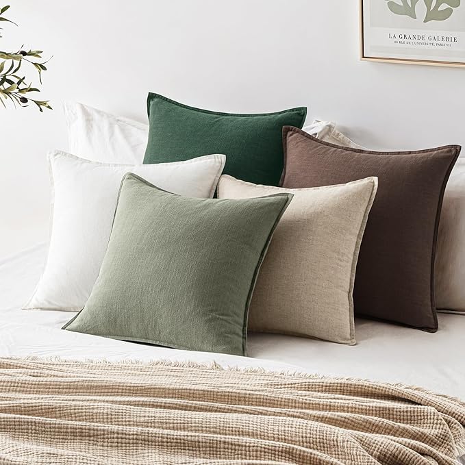EMEMA Throw Pillow Covers Decorative Linen Pillow Covers 22x22 Inch Light Olive Green Boho Farmhouse Neutral Couch Throw Pillows for Bed Pack of 2 Accent Pillowcase Modern Sofa Cushion Livingroom Home
