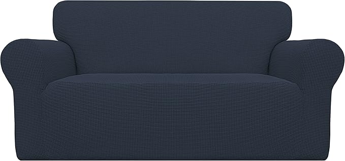 Easy-Going Stretch Loveseat Slipcover 1-Piece Sofa Cover Furniture Protector Couch Soft with Elastic Bottom for Kids Polyester Spandex Jacquard Fabric Small Checks (Loveseat, Dark Blue)