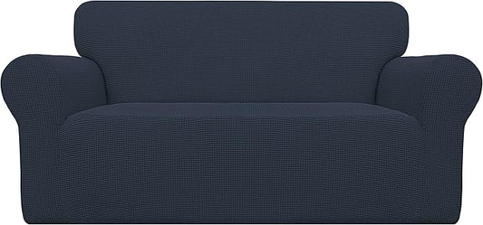 Easy-Going Stretch Loveseat Slipcover 1-Piece Sofa Cover Furniture Protector Couch Soft with Elastic Bottom for Kids Polyester Spandex Jacquard Fabric Small Checks (Loveseat, Dark Blue)