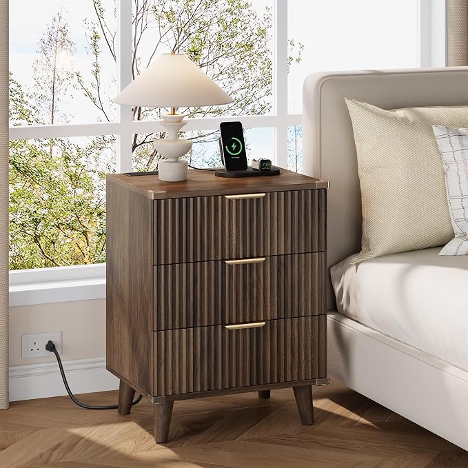Wood Nightstands Set of 2 w/Charging Station, 3 Drawers Fluted Dresser | Walnut - Image 2