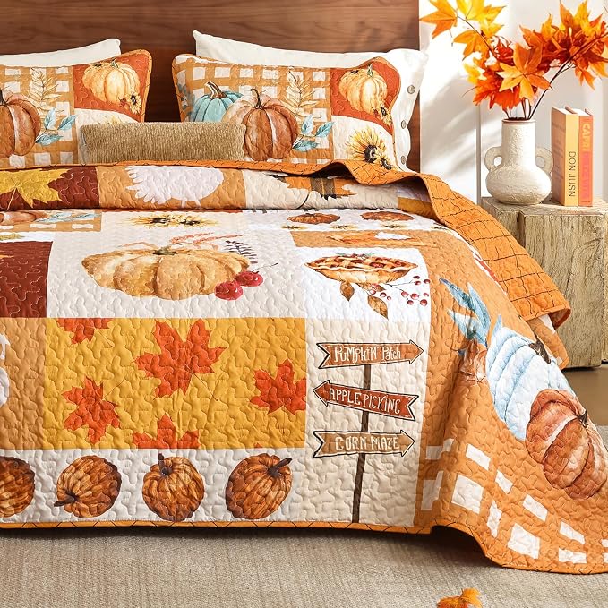 WONGS BEDDING Fall Thanksgiving King Quilt, Pumpkin Maple Leaves Bedspread | - Image 2
