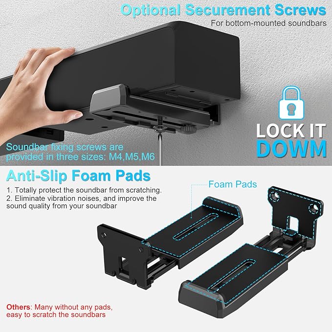 ZUOLACO Soundbar Wall Mount Bracket for Samsung, Bose, Vizio, LG, Sony, JBL, Sonos and More Sound Bar Mounts Under TV, Hold up to 33 lbs, Depth Adjustable 3.6”-6.4”, Soundbar Shelf, Black