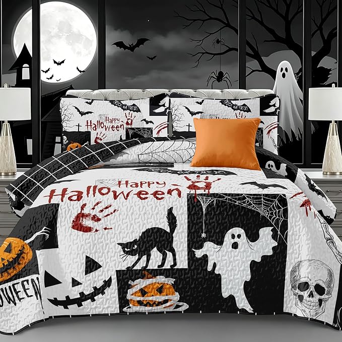 WONGS BEDDING Halloween Quilts King Size, King 110"x90", Reversible Grid Design by WONGSBEDDING