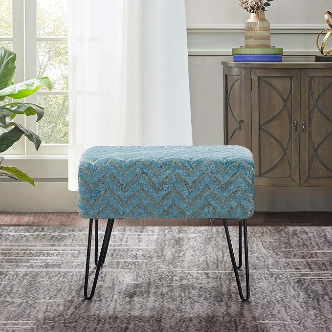 Home Soft Things Blue Jacquard Chenille Ottoman, Arusha - Image 2