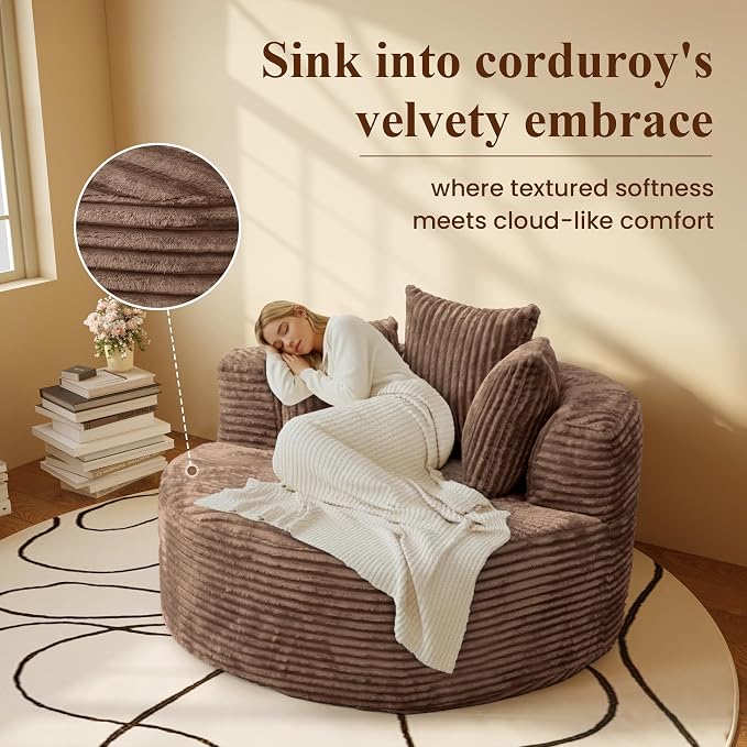 Oversized Round Chaise Lounge Chair Indoor, Modern 50-inch Upholstered Corduroy - Image 5