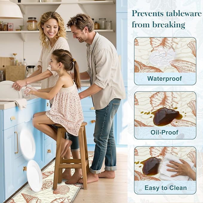 Kitchen Mats for Floor Cushioned Anti Fatigue Sets of 2 Beach Theme Kitchen Rugs Non Slip Waterproof Coastal Foam Kitchen Floor Rug Nautical Coral Seashell Comfort Standing Mat For Sink Laundry, Coral