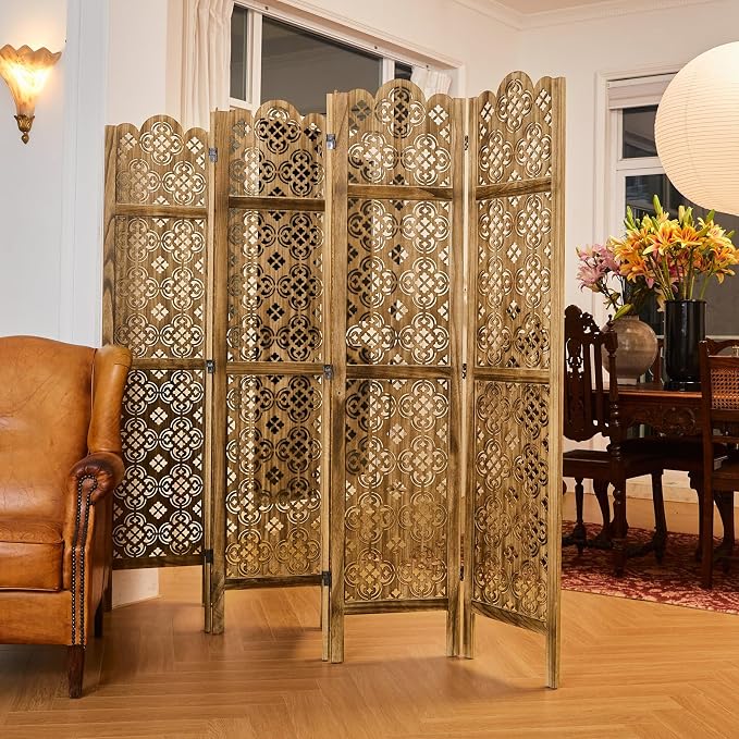 68.9Inch Folding Room Divider, 6 Panels Wood Carved Privacy Screens, Free - Image 2