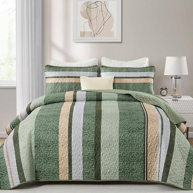Dobuyly Striped Quilt King Size, Boho Green Lightweight Bedspread Bedding | - Image 5