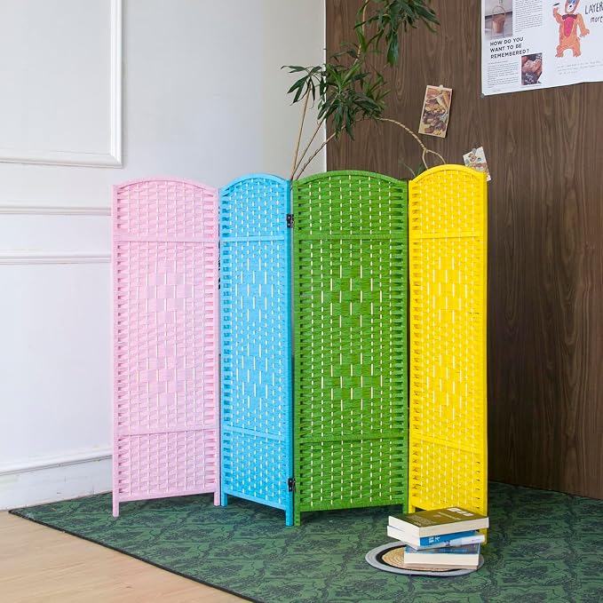 4-Panel Short Room Divider, 3.9 ft Freestanding Partition Wall, Colorful Rattan by Loomveil