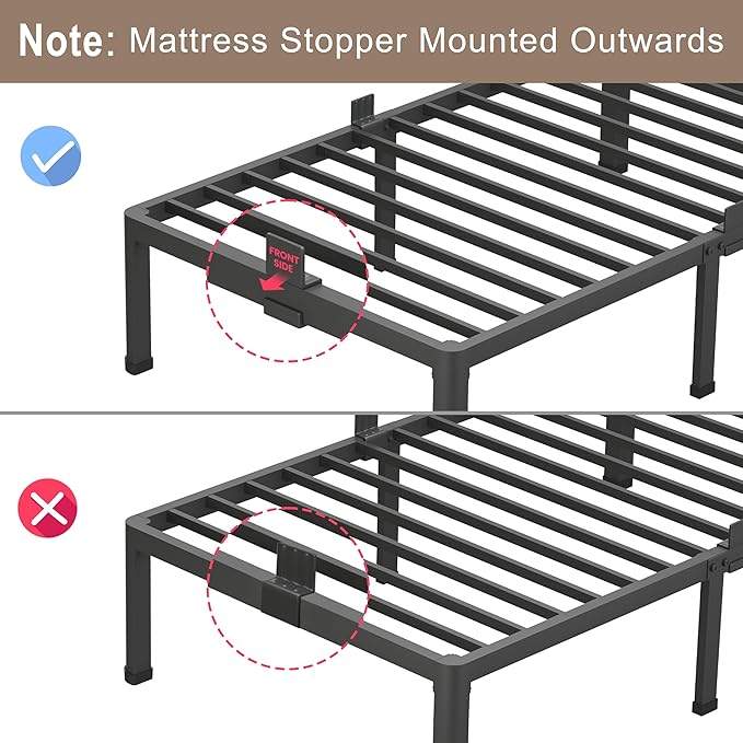 ROIL 16 Inch Twin XL Bed Frame with Rounded Corner and Headboard Hole Mattress Retainers 3500LBS Metal Heavy Duty Steel Slats No Box Spring Needed Platform Noise-Free Easy Assembly