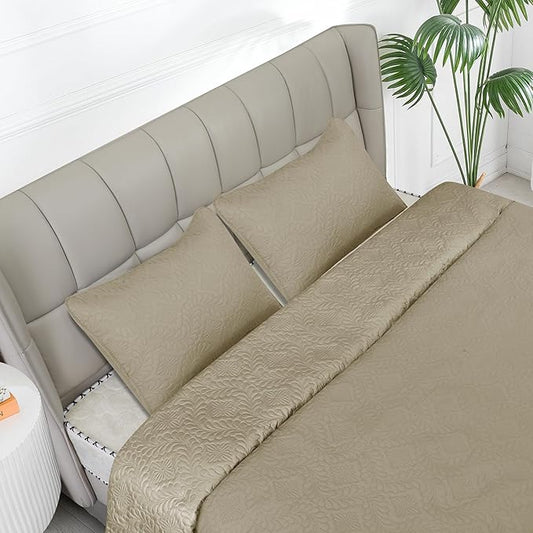 Easy-Going Twin Size Reversible Quilt Set with 1 Quilt and 1 Pillow Sham, Soft Bed Quilt Cover, Water Resistant Lightweight Microfiber Bedspread, Stain Resistant, Olive Leaf-Beige/Beige