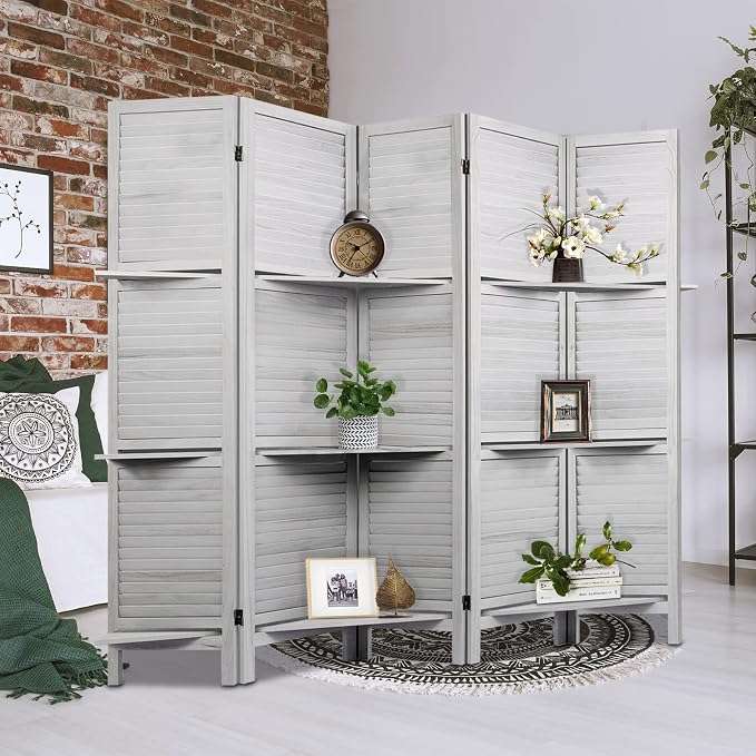 Room Divider with Shelves, 5 Panel Grey Privacy Screen | Partition Room - Image 6