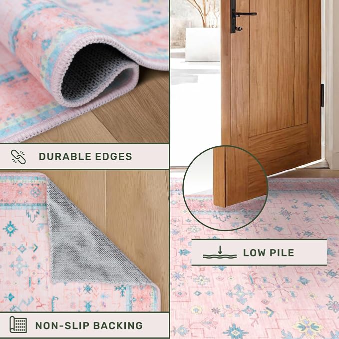 Pink and Blue Washable 5x8 Living Room Rugs, Boho Aethestic Oushak Vintage Area - Image 5