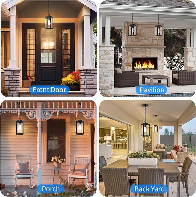MYHXQ 11'' Outdoor Pendant Light, Modern Outside Chandelier Outdoor Hanging Lantern Light, Matte Black with Clear Glass, Exterior Pendant Lighting Fixture for Porch, Yard, Gazebo, 1Pack