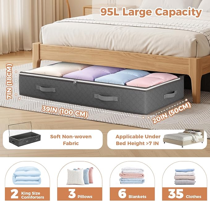 95L Under Bed Storage Containers, 4 Pack Closet Organizers Grey | Foldable - Image 3
