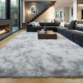 Grey Fluffy 8x10 Area Rug, Tie-Dye Light Gray Soft Washable Shag Carpet | Cute by KICHOWUA
