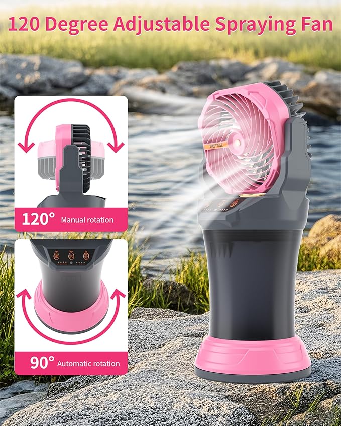 WESTTREE Portable Misting Fan with Large Battery Fan-Rechargeable Outdoor Misting Cooling Fans with 2L Water Tank,RGB Lights,4 Speeds & Spray Modes-for Patio, Camping, Beach, Workshop (Gray-Pink)