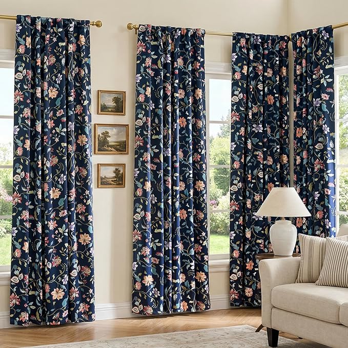 jinchan Dark Blue Floral Blackout Curtains 84 Inch Back Tab 2 Panels | Room - Image 4
