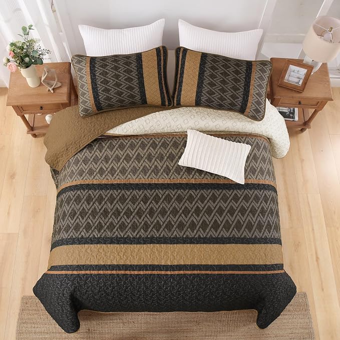 Dinjoy Boho Queen Quilt Set, Striped Bedspread Queen Size, 3 Pieces Micofiber - Image 8