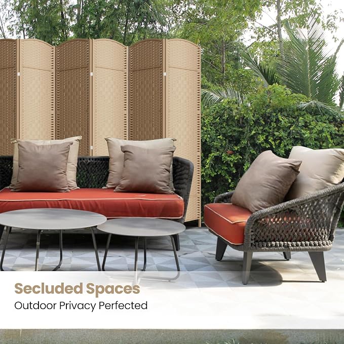 6 Panel Folding Room Divider, Woven Privacy Screen, Light Beige | Solid wood - Image 5