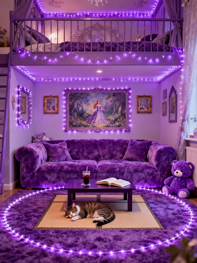 Aalnfe Purple Led Lights Strip Indoor Rope Lights Easy DIY Cuttable Strip Lights for Room Bathroom Living Room Kitchen Ceiling Wall Vanity Mirror Decor