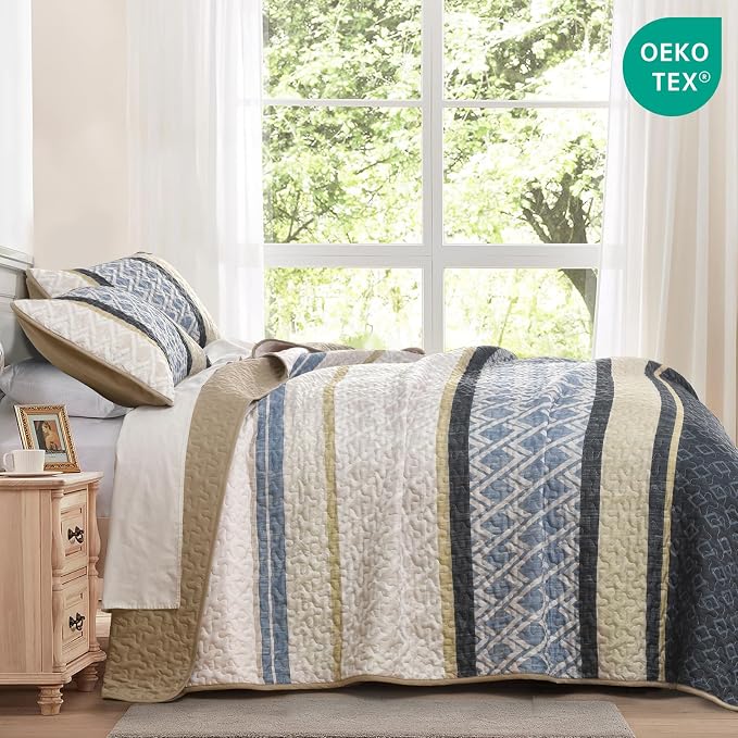 Dinjoy Boho Queen Quilt Set, Striped Bedspread Queen Size, Coverlet Bed Sets - Image 3