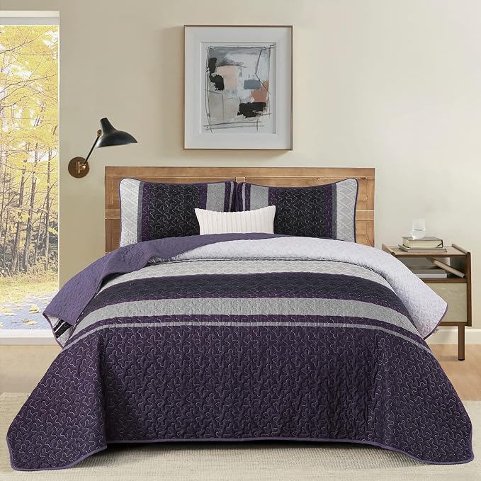 Dinjoy California King Quilt Set Purple, Striped Bedspread, Bedding Sets | 3 - Image 2