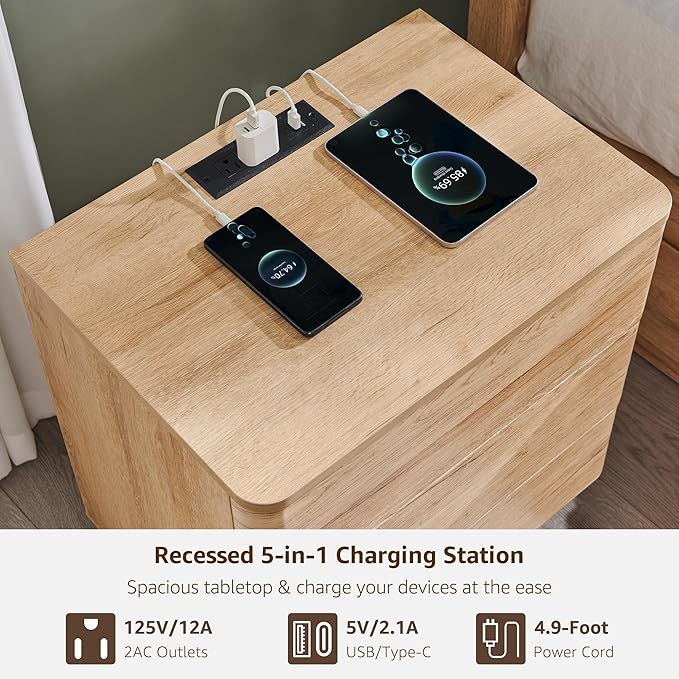 ACCOHOHO 22" Modern Nightstand with Charging Station, Push-to-Open Handleless 3-Drawer Bedside Table, Large End Table with Storage, Night Stand for Bedroom, Living Room, Curved Profile, Natural Oak