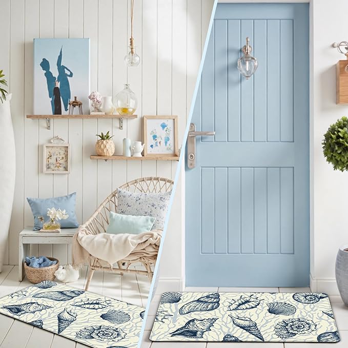 Kitchen Mats for Floor Cushioned Anti Fatigue Sets of 2 Beach Theme Kitchen Rugs Non Slip Waterproof Coastal Foam Kitchen Floor Rug Nautical Coral Seashell Comfort Standing Mat for Sink Laundry, Navy