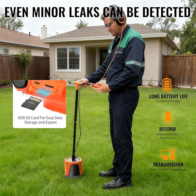 PQWT L2000 Underground Water Leak Detectors for Outdoor Wall Water Pipe Detector Machine Middle Sensor Acoustic Pipeline Leakage Detection Kit Noise Reduction Headphone Smart Touchscreen Carry Case