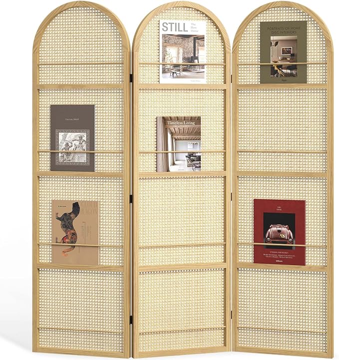 Rattan Room Divider with Built-in Bookshelf | Foldable Privacy Screen & - Image 9