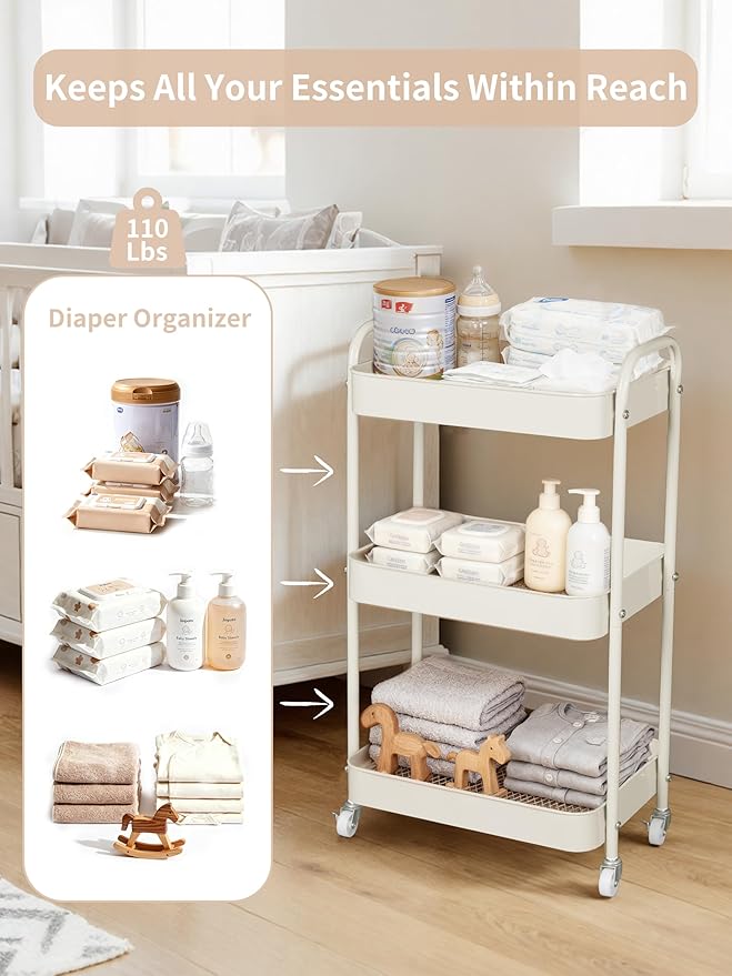 Baby Diaper Caddy, 3 Tier Rolling Cart - Image 3