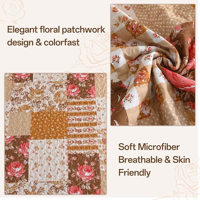 Floral Quilt Set King Size, 3 Pieces Patchwok Burnt Orange Brown Bedspread Fall - Image 4