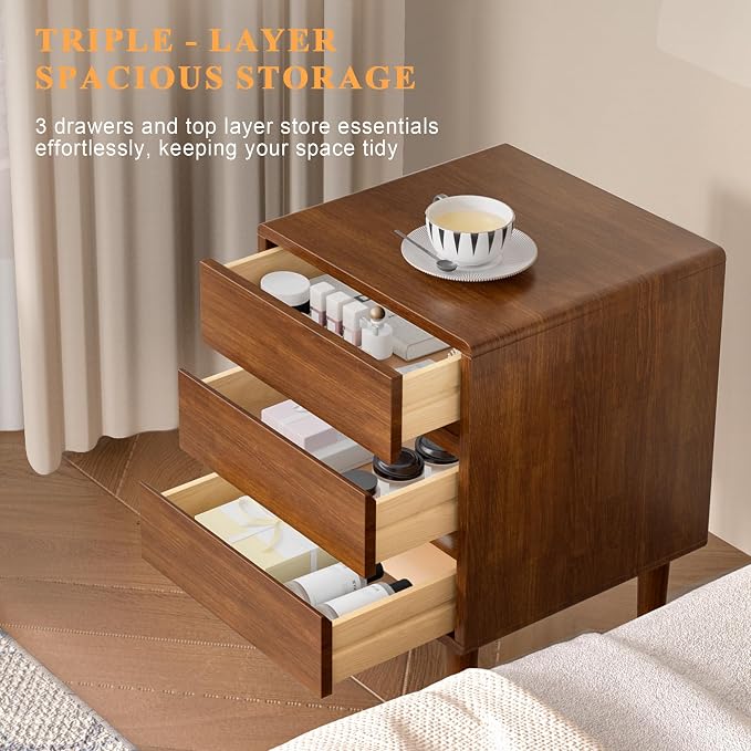 Nightstand with 3 Drawers Narrow Night Stand Solid Wood Bedside Table Mid - Image 3