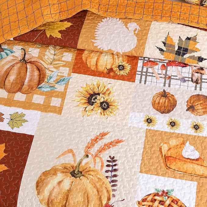WONGS BEDDING Fall Thanksgiving King Quilt, Pumpkin Maple Leaves Bedspread | - Image 8