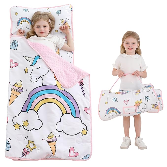 Viviland Toddler Kid Nap Mat for Preschool, White Unicorn Slumber Bag, Daycare Sleeping Bag with Pillow and Blanket, Kindergarten Sleep Mat