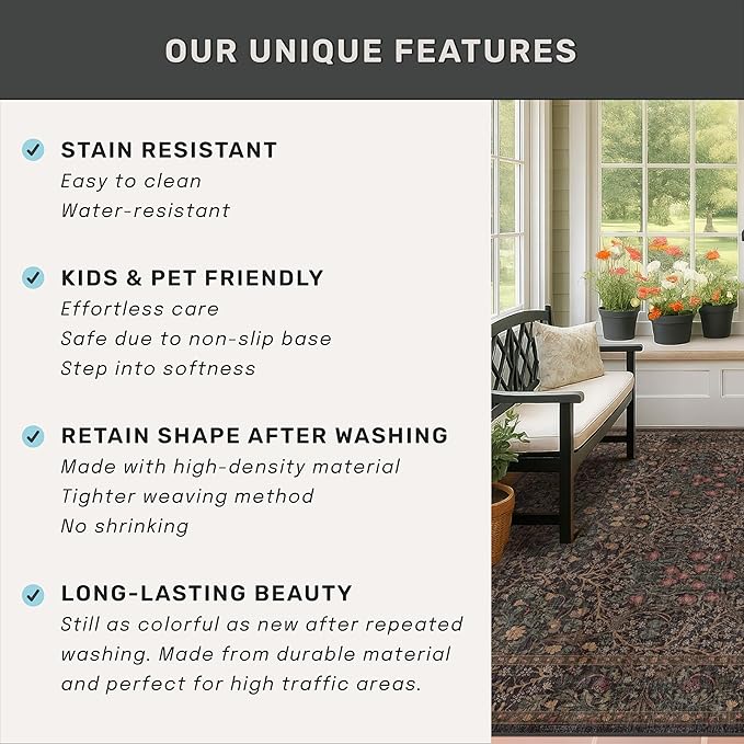 Washable Dark Taupe Brown 4x6 Area Rugs for Living Room, Bedroom Beside Rug, Kitchen, Mudroom, Non-Slip Low Pile Ultra Soft Stain Resistant, Small Vintage Green Botanical Floral Carpet
