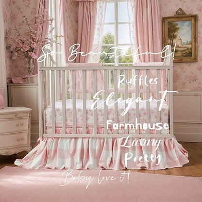 Brandream Gingham Gathered Crib Skirt, Baby Boy, Baby Girl, Gender Neutral Crib Skirt, 100% Cotton, 4-Sided, Light Pink Plaid Gingham Toddler Bedskirt Farmhouse Chic Nursery Crib Bed Skirt Dust Ruffle