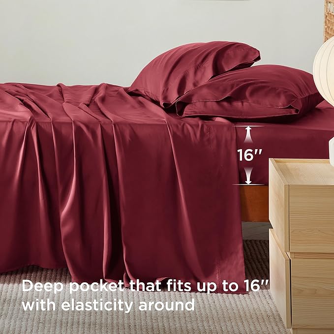Bedsure Cooling Sheets Twin, Rayon Derived from Bamboo, Breathable & Soft Twin Sheets Set, Deep Pocket Up to 16 Inches, Hotel Luxury Silky Bedding for Hot Sleepers, Burgundy