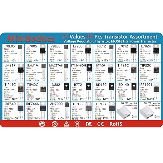 Minidodoca Power Transistor, Mosfet, Thyristor and Voltage Regulator Assortment Kit, 95 pcs, 27 Types