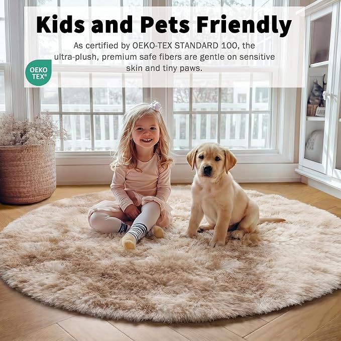 Tie-Dye Beige Round Area Rug 4ft, Soft Bedroom Circle Rugs Floor Mats - Image 3