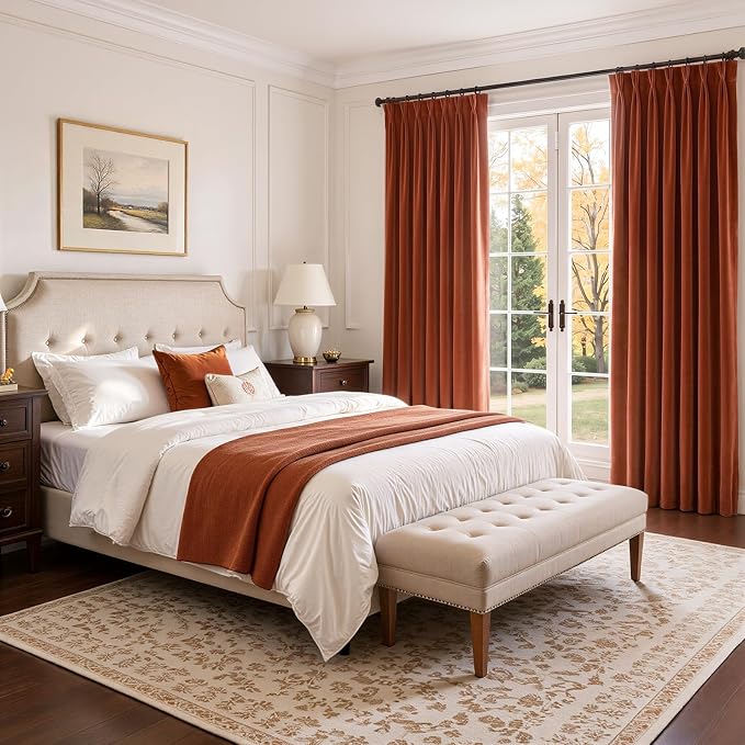 Burnt Orange Soft Velvet Pinch Pleat Blackout Curtains 96 Inches Long Thermal - Image 6