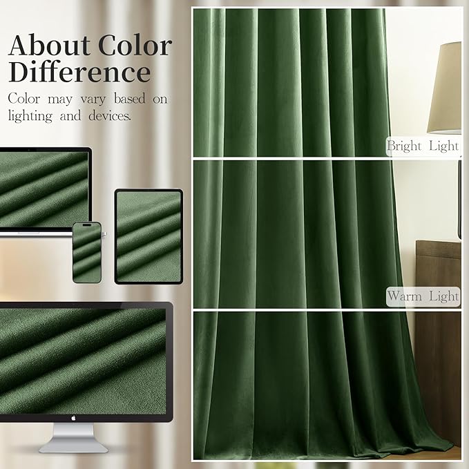 AUSSPVOCT Olive Green Velvet Curtains 84 Inches for Living Room, Elegant Thermal Insulated Room Darkening Heavy Blackout Drapes Luxury Curtain for Bedroom, Back Tab Rod Pocket, W52 x L84, 2 Panels