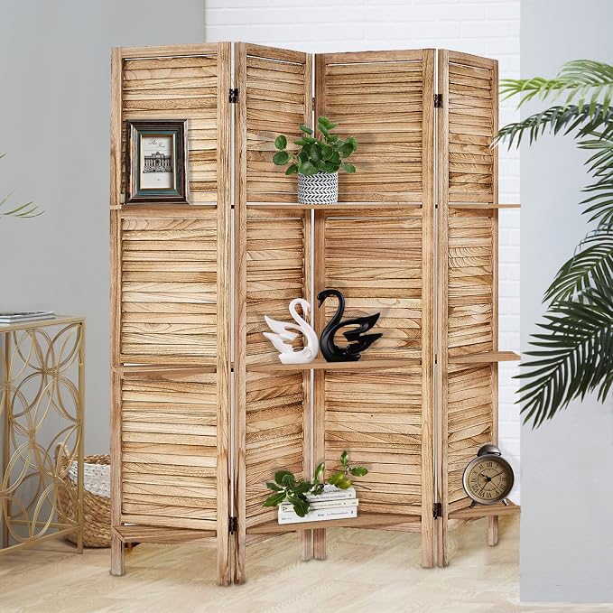 Room Divider with Shelves, 4 Panel Natural Privacy Screen | Partition Room by AMBITION+LAND