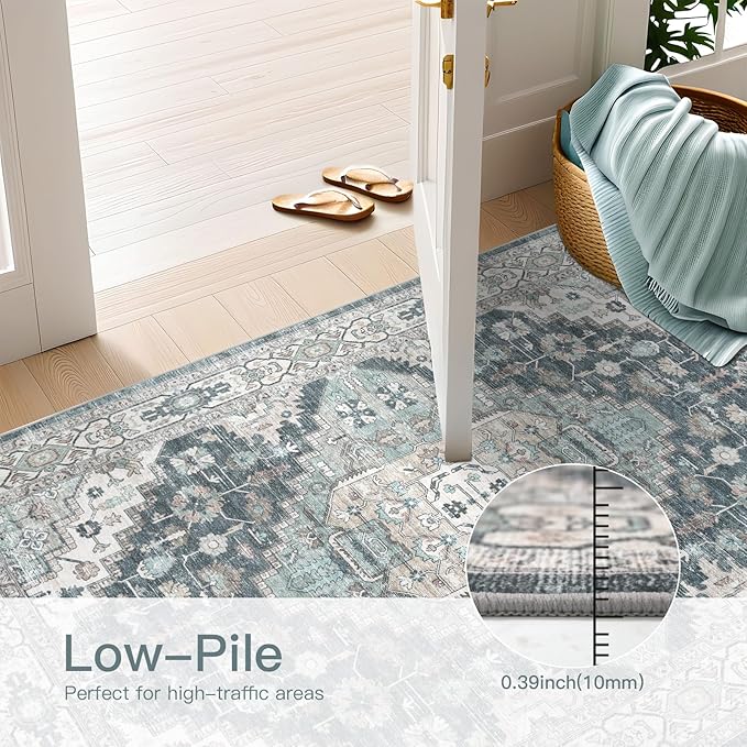 9x12 Vintage Washable Area Rug for Living Room,Low Pile Non Slip Carpet Non-Shedding Large Area Rug Soft Indoor Stain Resistant Rug Boho Print Mat for Bedroom Dining Room Blue Beige Multi