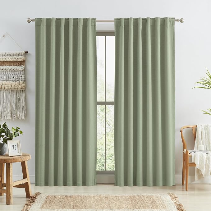 Sage Green Blackout Linen Curtains 84 Inch Length 2 Panels Set, Back Tab Rod by KEQIAOSUOCAI