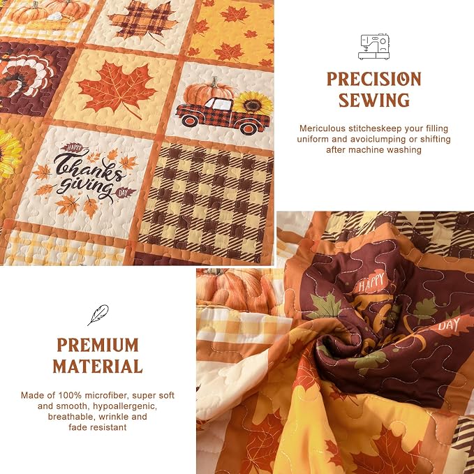 Anibedding 3Pieces Fall Patchwork Quilts Queen Size, Pumpkin Maple Leaves - Image 7
